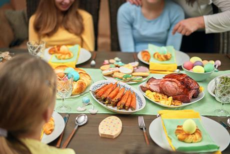Easter Lunch with Roast Pork, Vegetables, Easter Cookies and Easter Cake
